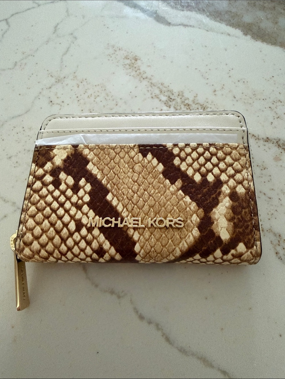Michael Kors Brown and Cream Snake-Print Card Holder/Wallet